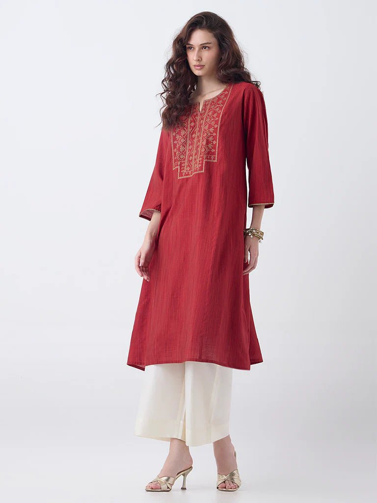 Red Zari Embroidered A - Line Kurta - DWEEP SARA