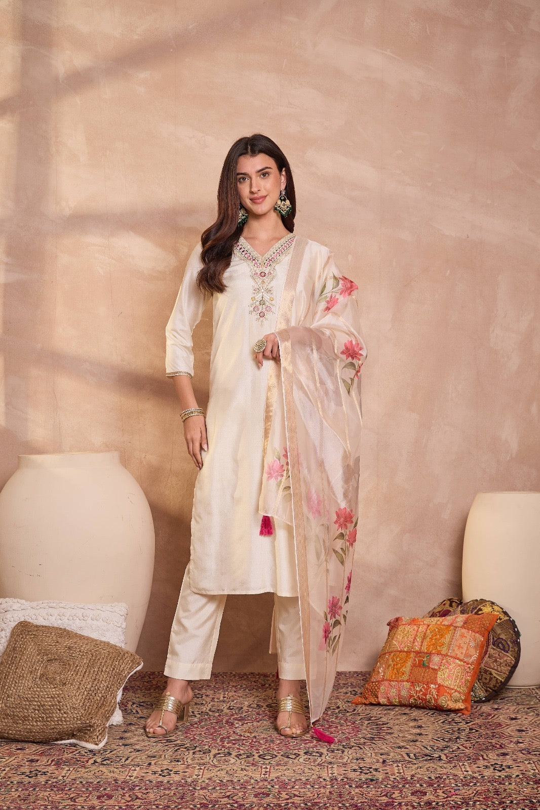 Off White Silk Blend Solid Embroidered Straight Kurta Trouser With Dupatta