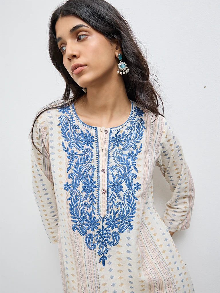 Off-White Floral Printed Cotton-Blend Kurta