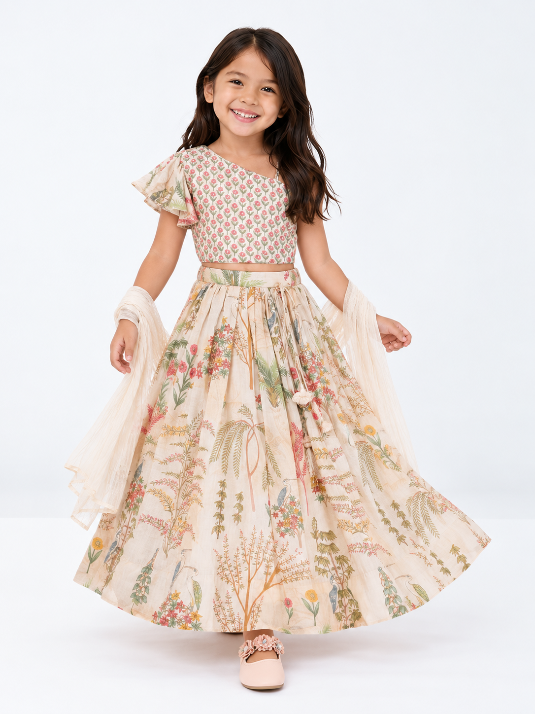 Elegant Cream Floral Printed Kids Lehenga Set – Style 4927