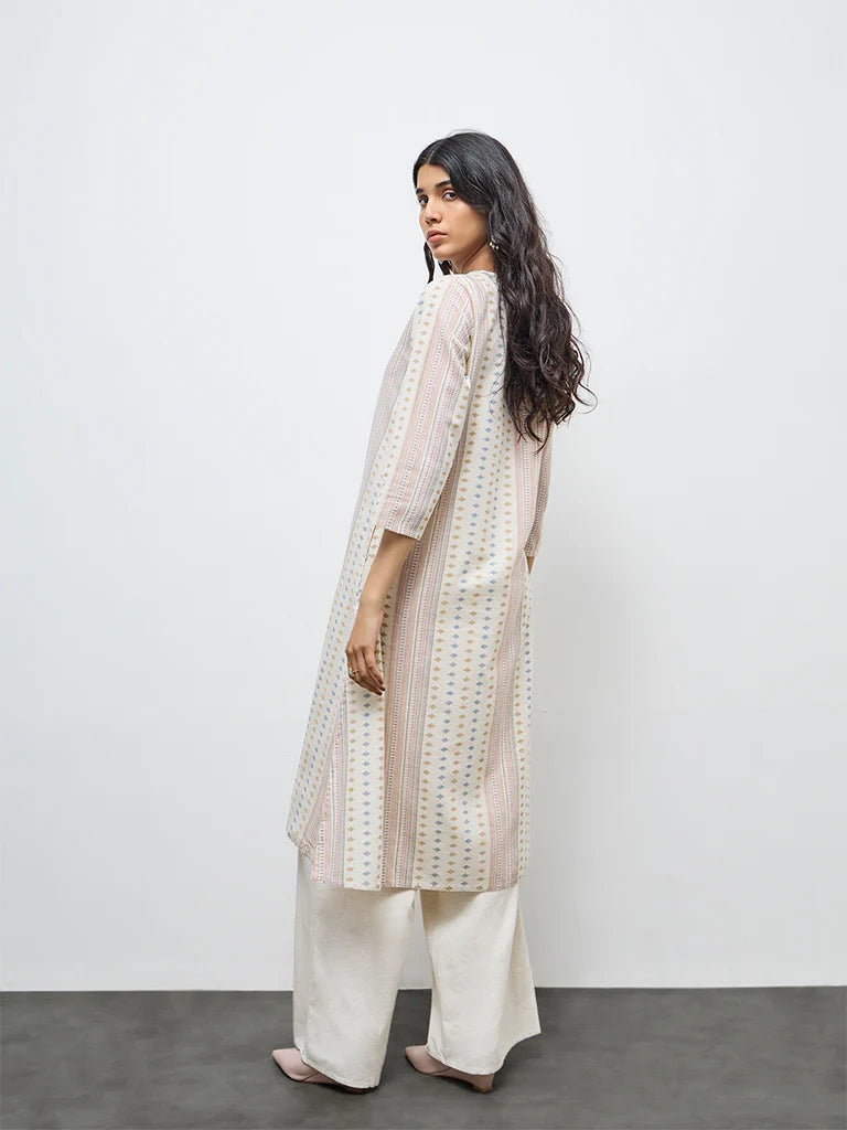 Off-White Floral Printed Cotton-Blend Kurta