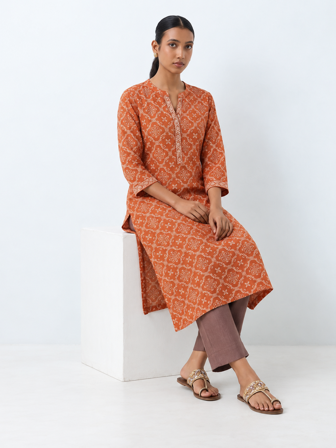 DWEEP SARA Rust Orange Printed Rayon Straight Kurta