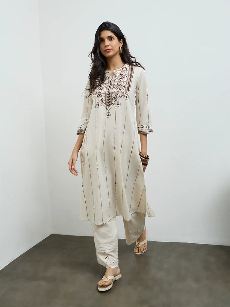 Off-White Aztec Embroidered Cotton-Blend Kurta
