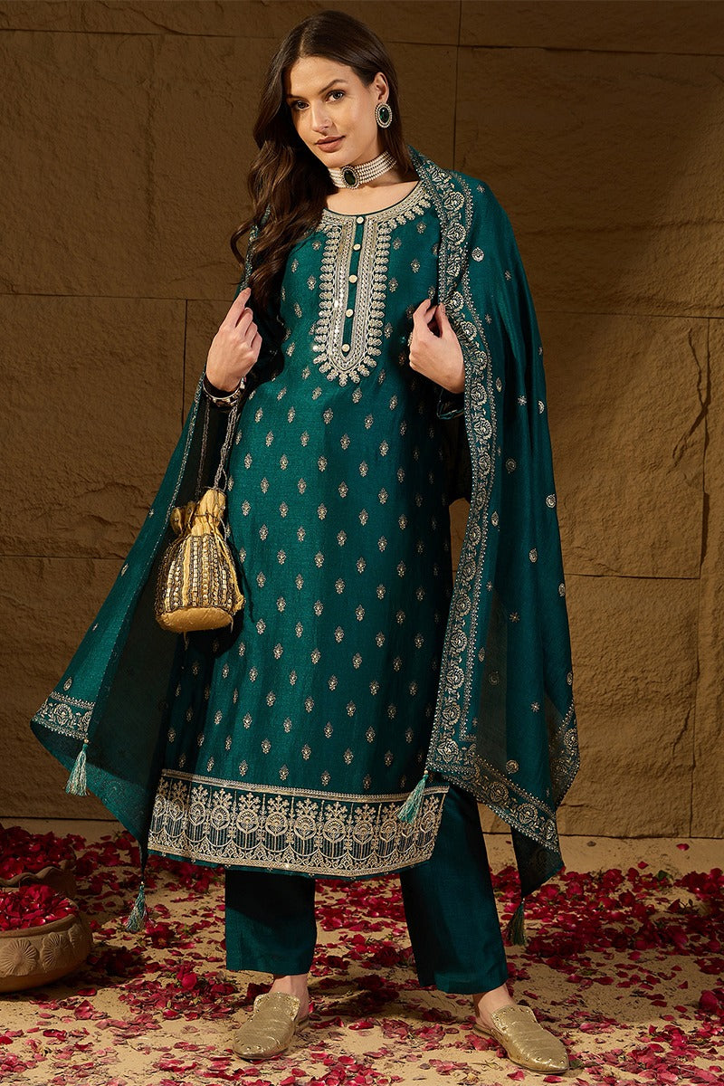 Teal Silk Blend Embroidered Straight Kurta Trouser With Dupatta