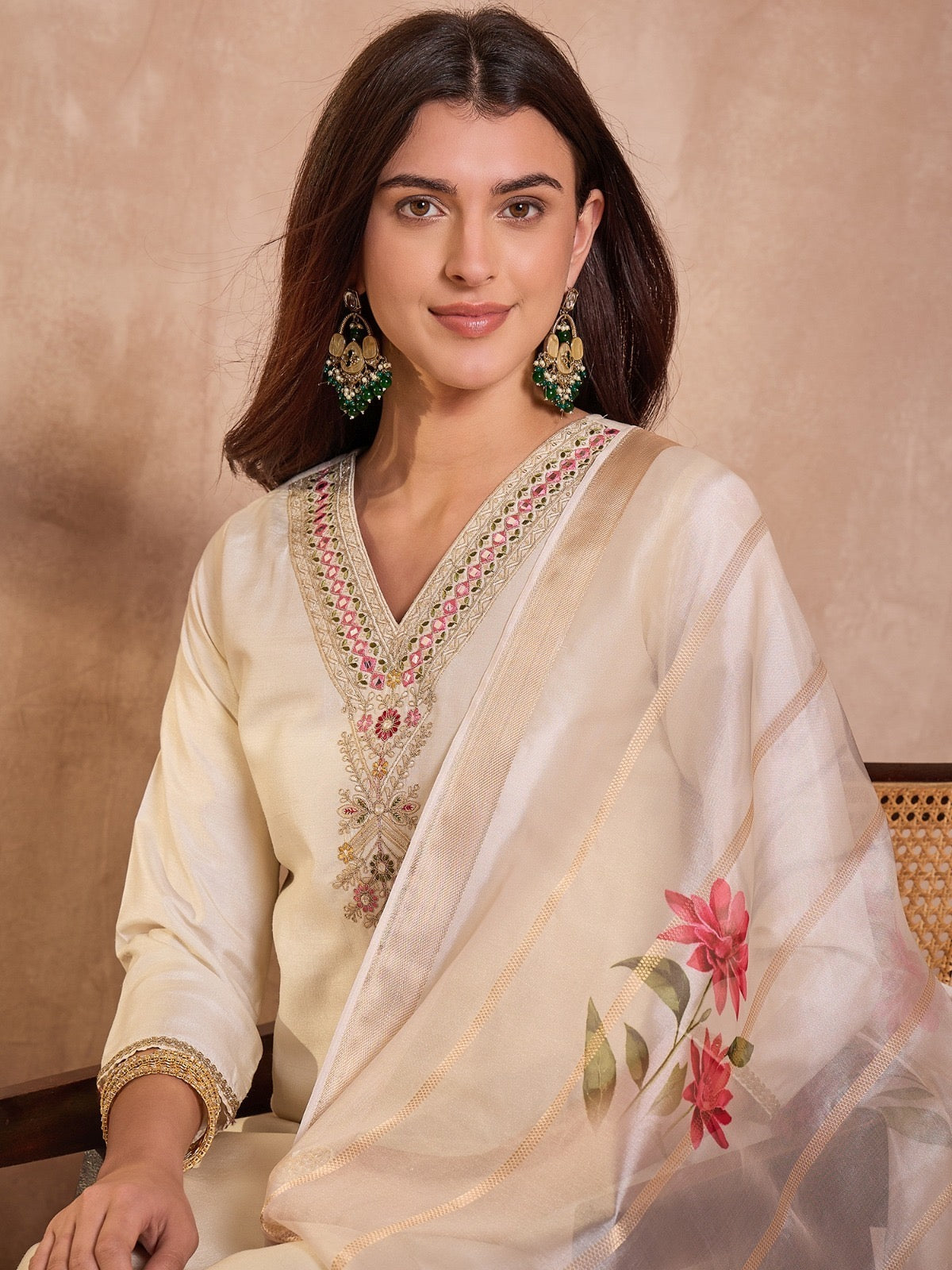 Off White Silk Blend Solid Embroidered Straight Kurta Trouser With Dupatta
