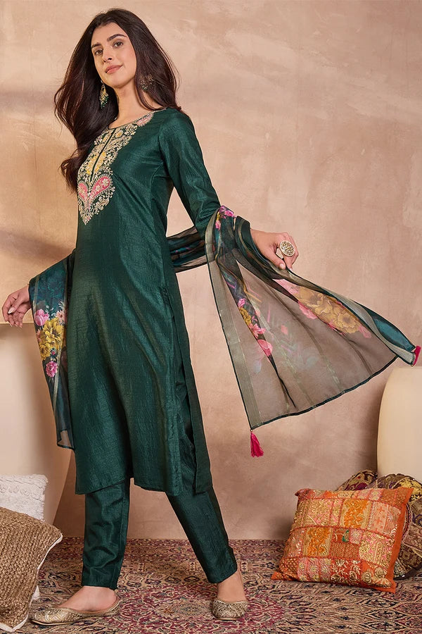 Green Silk Blend Solid Embroidered Straight Kurta Trouser With Dupatta