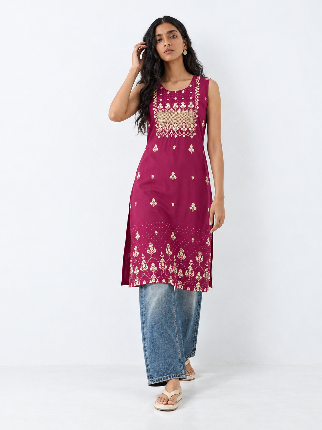 Burgundy Printed Rayon Straight Kurta with Stone Detailing