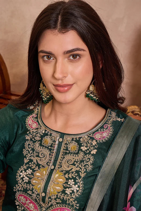 Green Silk Blend Solid Embroidered Straight Kurta Trouser With Dupatta
