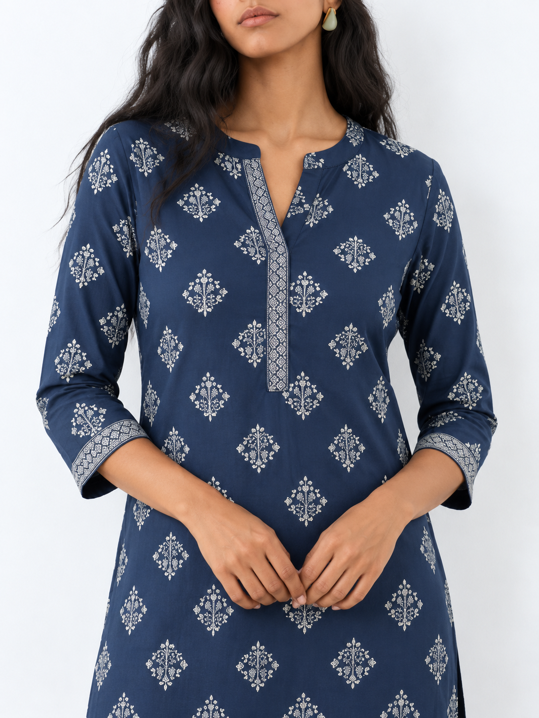 DWEEP SARA Navy Blue Printed Rayon Straight Kurta