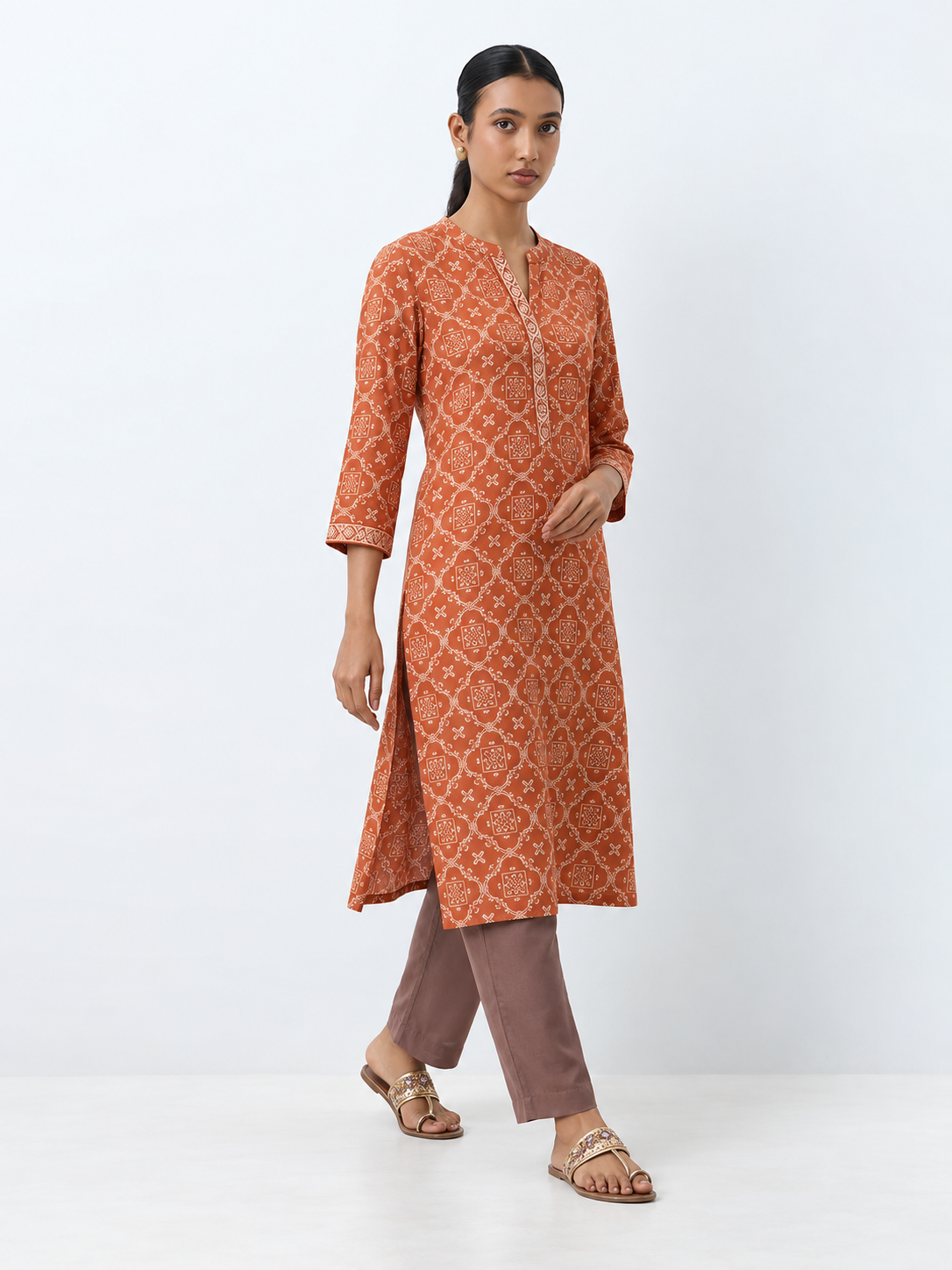 DWEEP SARA Rust Orange Printed Rayon Straight Kurta