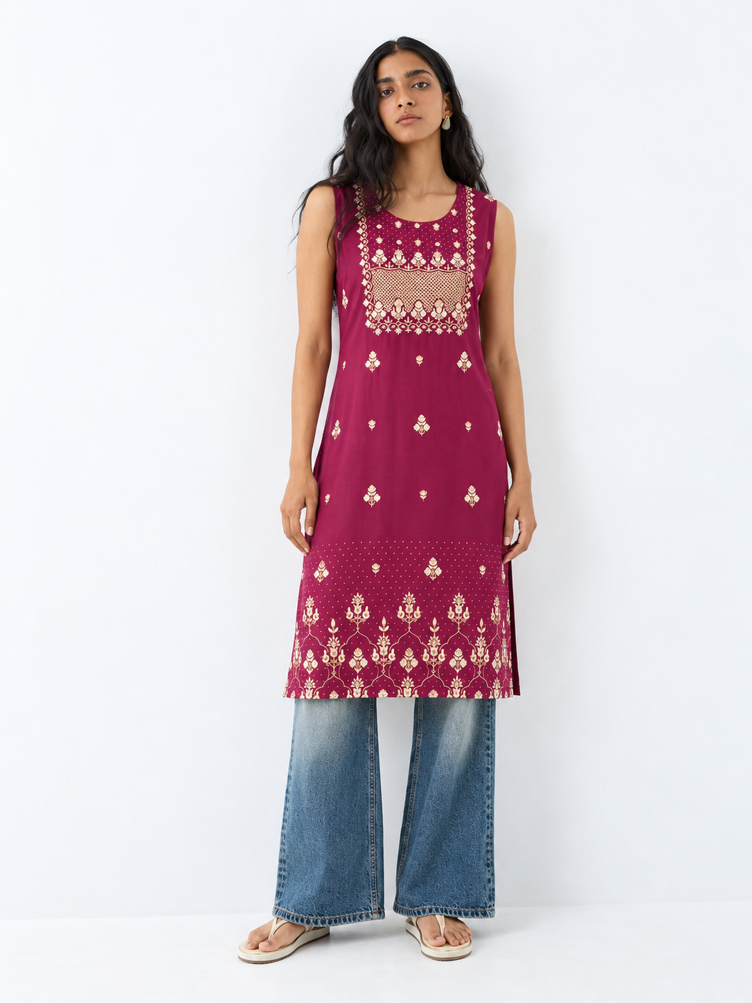 Burgundy Printed Rayon Straight Kurta with Stone Detailing