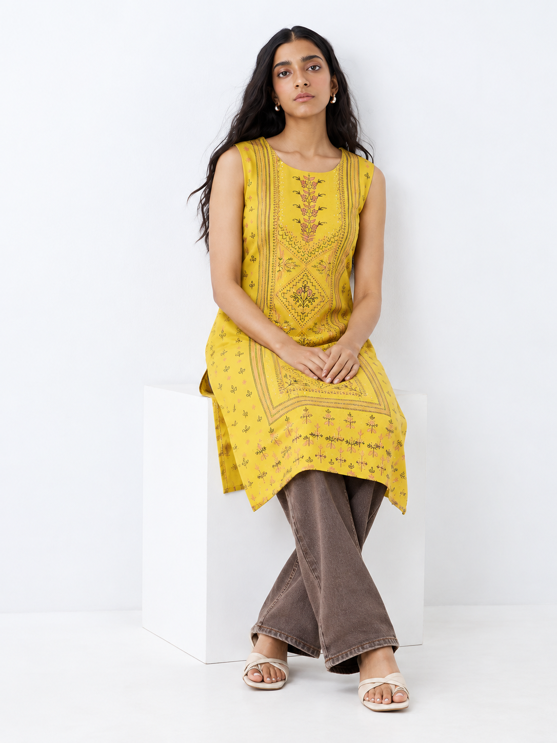 Yellow Printed Rayon Straight Kurta with Stone Detailing