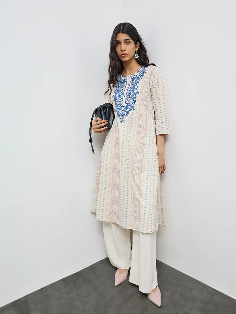 Off-White Floral Printed Cotton-Blend Kurta