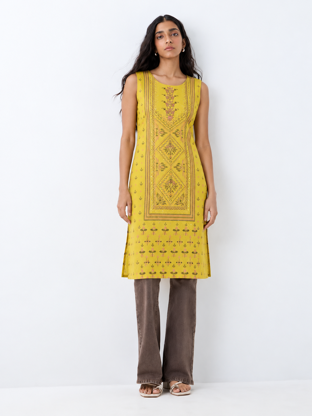 Yellow Printed Rayon Straight Kurta with Stone Detailing