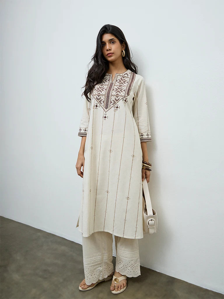 Off-White Aztec Embroidered Cotton-Blend Kurta