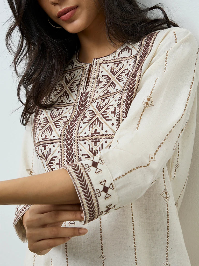 Off-White Aztec Embroidered Cotton-Blend Kurta