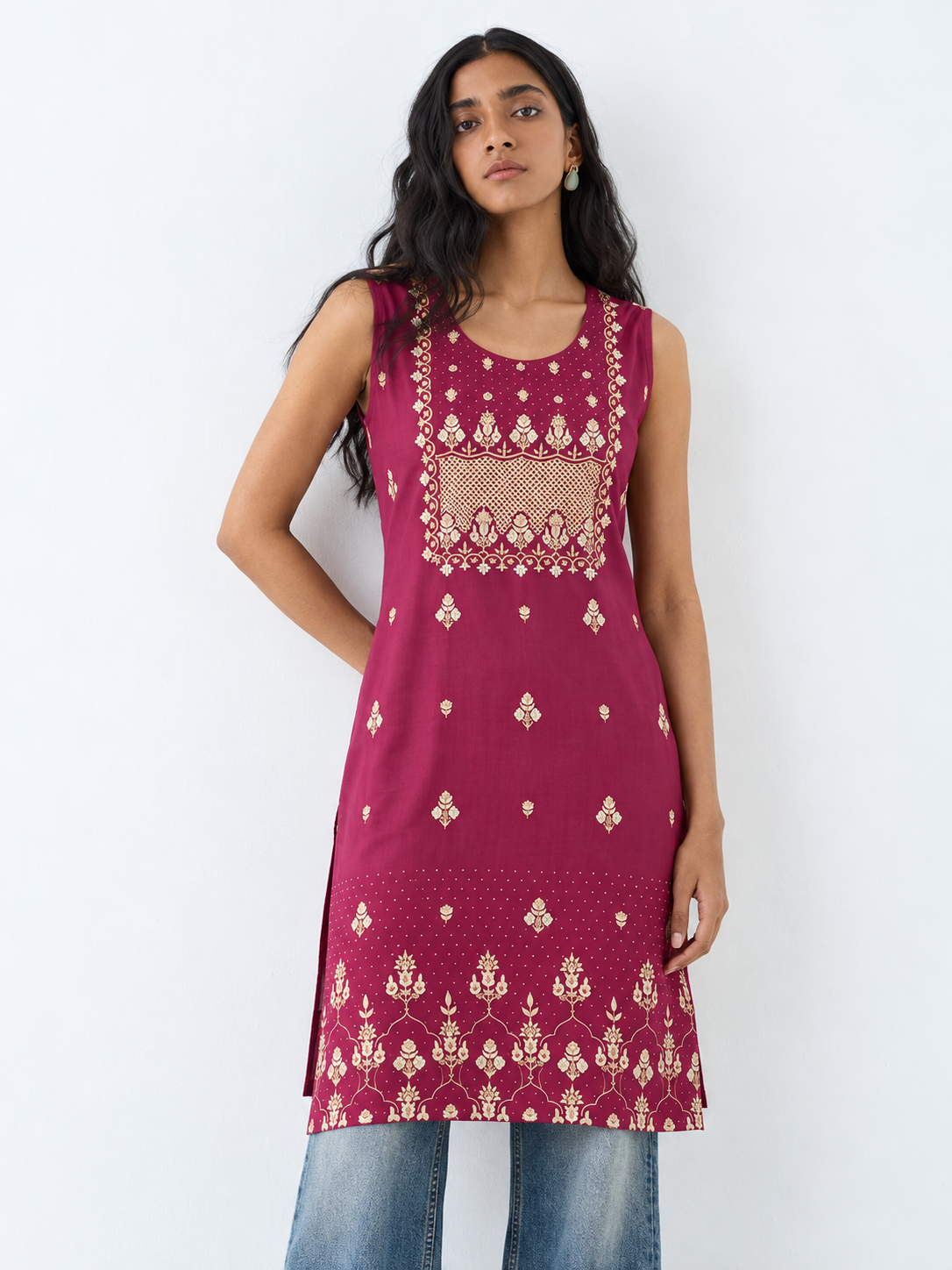 Burgundy Printed Rayon Straight Kurta with Stone Detailing