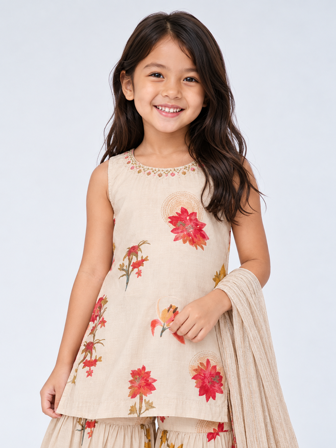 Cream Floral Kurti with Sharara Set for Girls – Festive & Party Wear (4914)