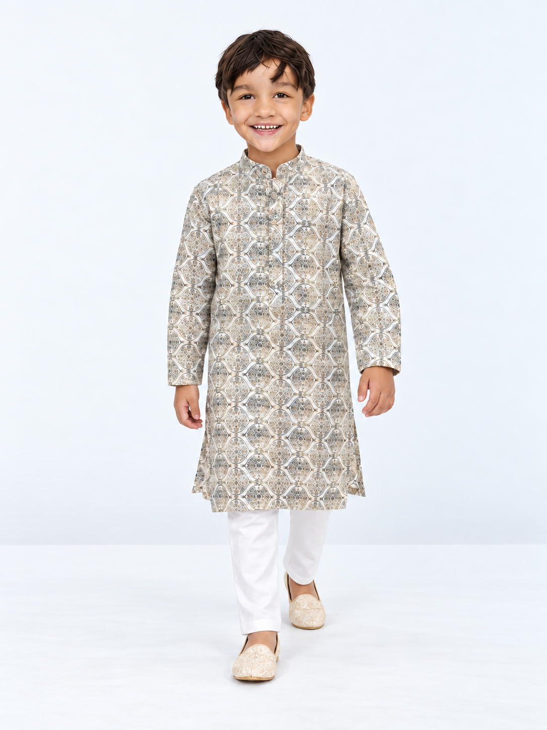 Boys’ Ivory Medallion Printed Embroidered Kurta & Straight Pant Set