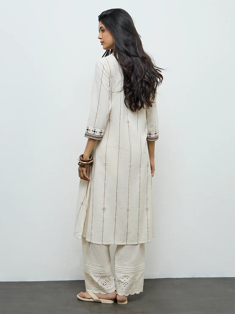 Off-White Aztec Embroidered Cotton-Blend Kurta