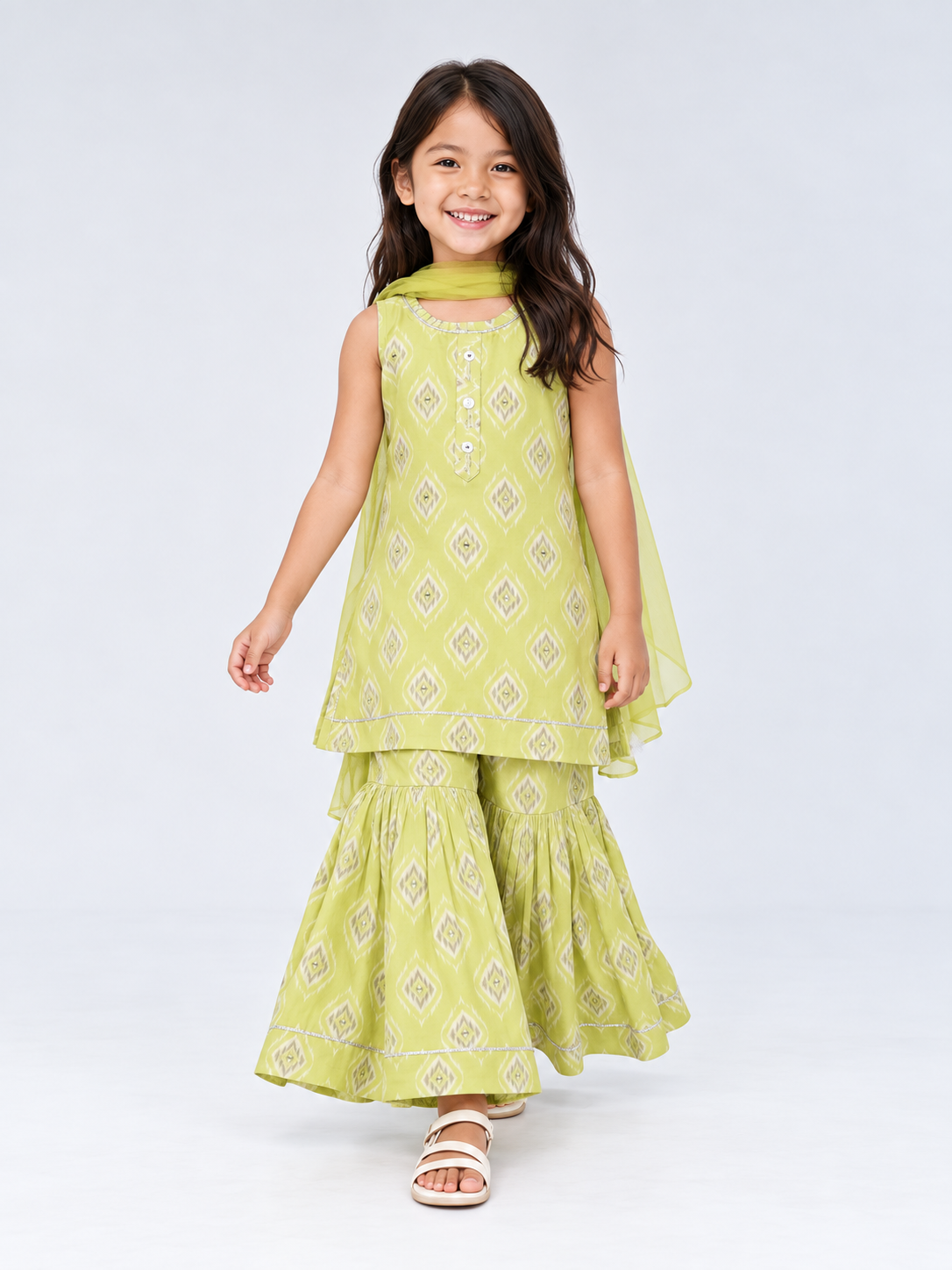 Parrot Lime Green Girls Sharara Suit Set with Exquisite Mirror & Hand Embroidery