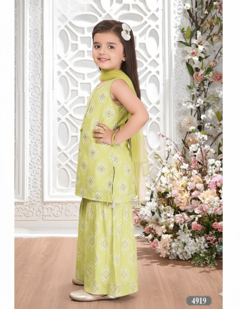 Parrot Lime Green Girls Sharara Suit Set with Exquisite Mirror & Hand Embroidery
