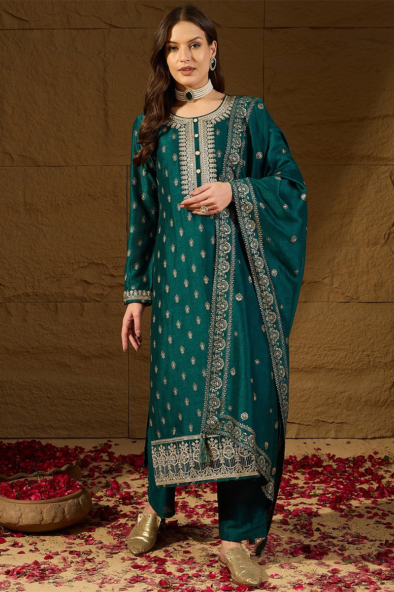 Teal Silk Blend Embroidered Straight Kurta Trouser With Dupatta