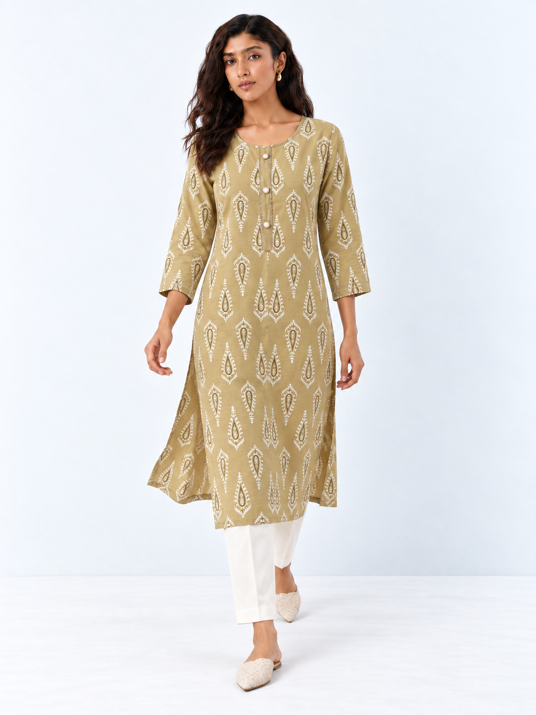 Women’s Beige Paisley Printed Straight Kurta with Sequin Details