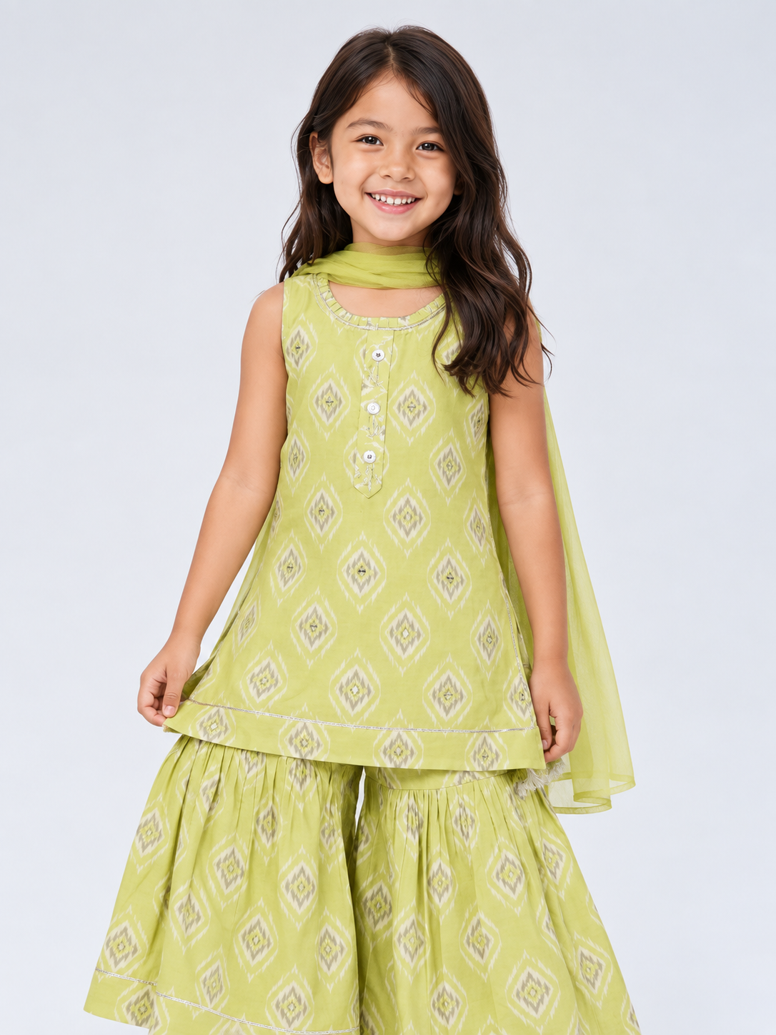 Parrot Lime Green Girls Sharara Suit Set with Exquisite Mirror & Hand Embroidery