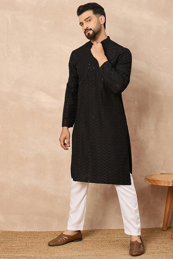 Mens Black Viscose Rayon Solid Embroidered Straight Kurta