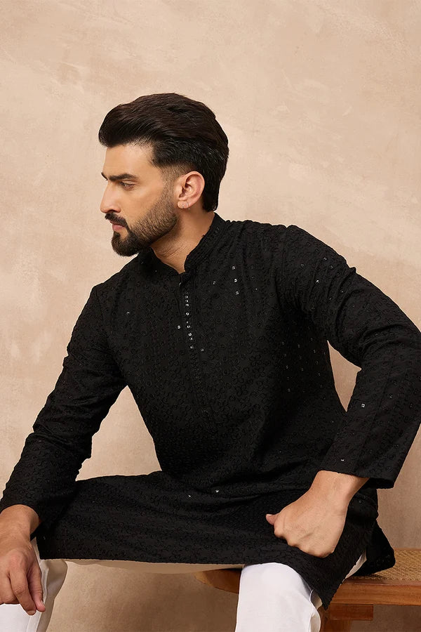 Mens Black Viscose Rayon Solid Embroidered Straight Kurta