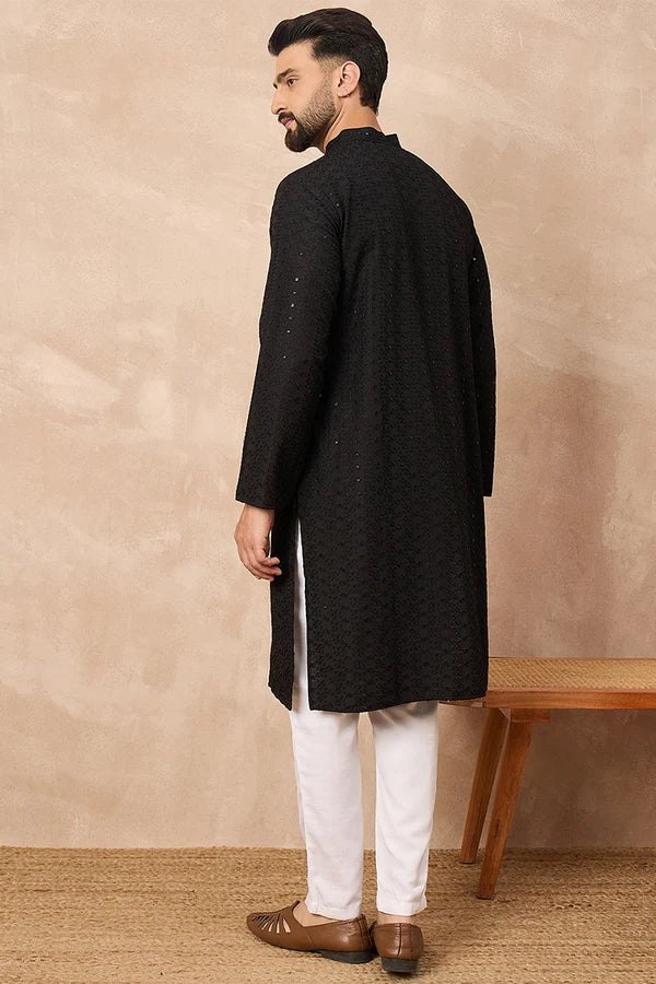 Mens Black Viscose Rayon Solid Embroidered Straight Kurta