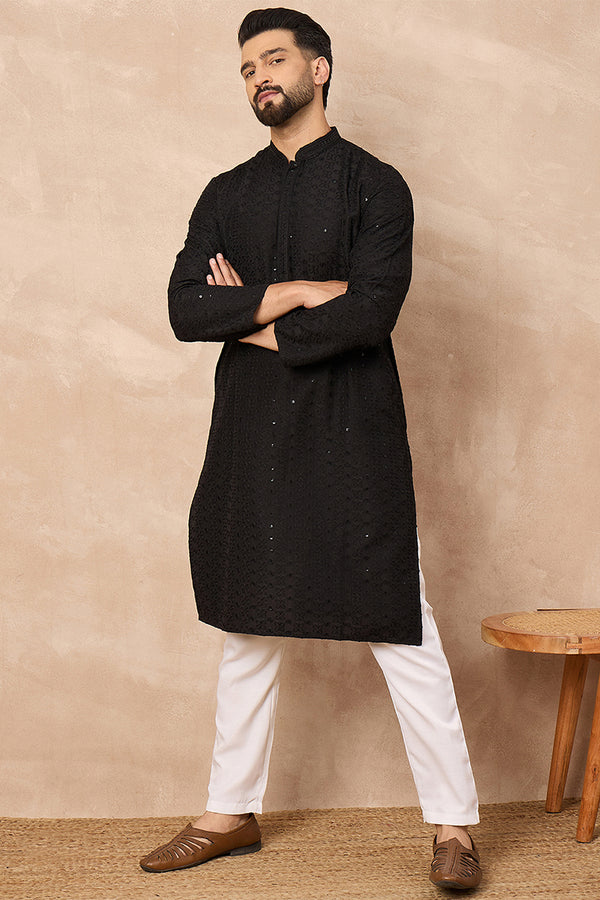 Mens Black Viscose Rayon Solid Embroidered Straight Kurta