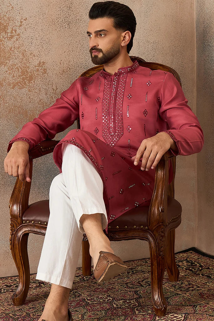 Rose Silk Blend Solid Embroidered Sequins Kurta