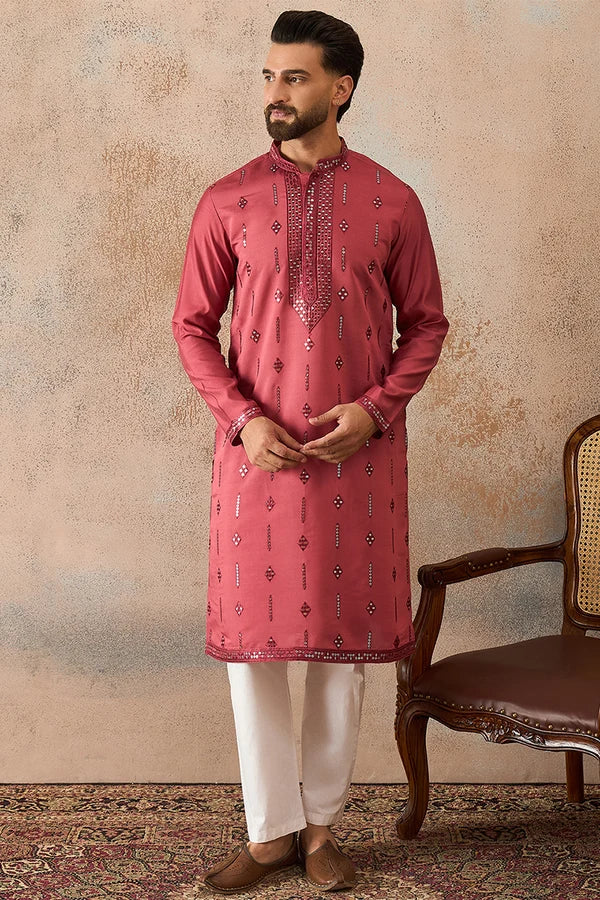 Rose Silk Blend Solid Embroidered Sequins Kurta