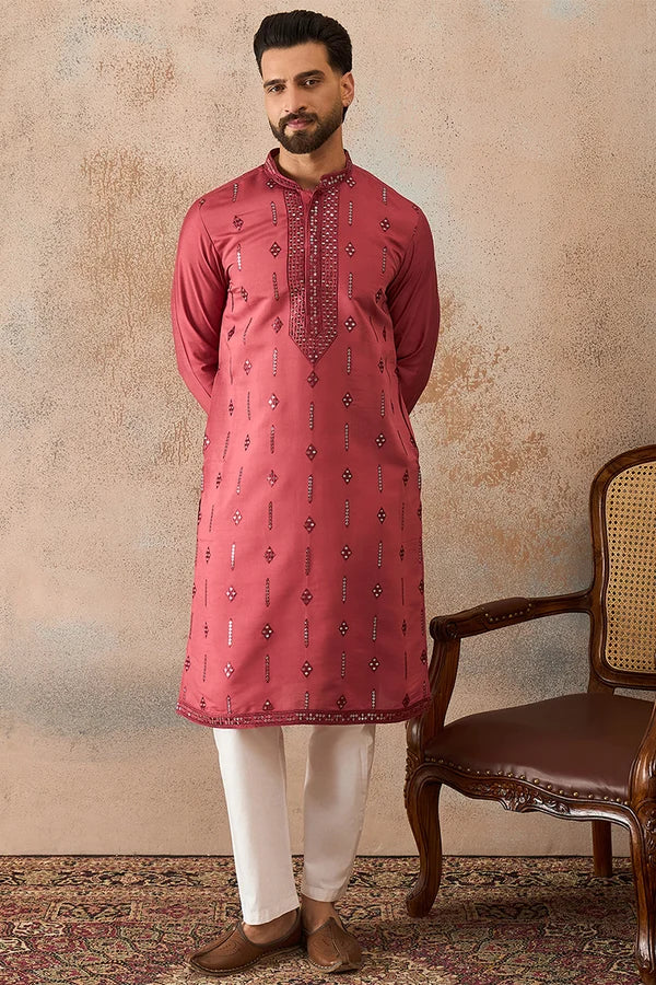 Rose Silk Blend Solid Embroidered Sequins Kurta