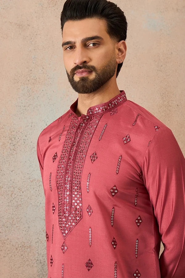 Rose Silk Blend Solid Embroidered Sequins Kurta