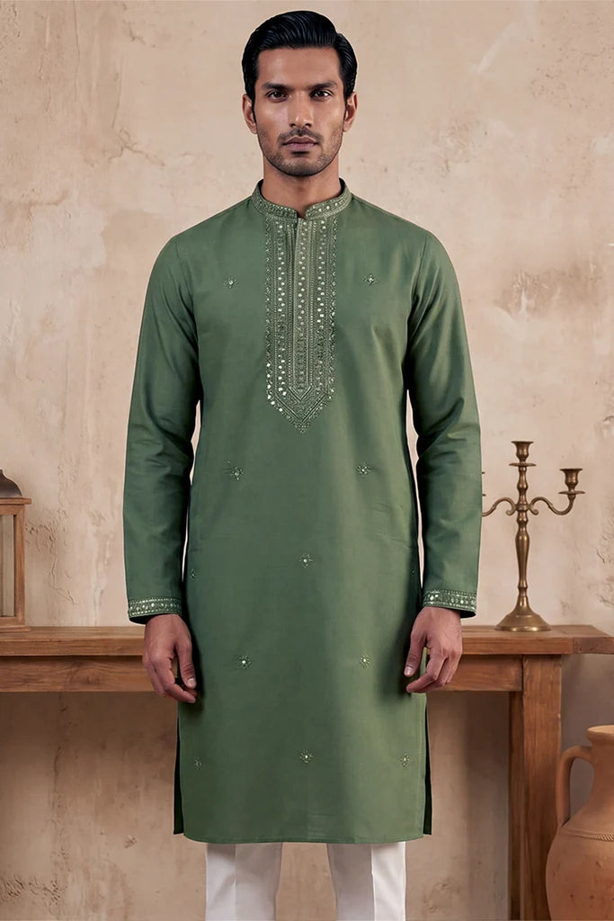 Mens Green Silk Blend Solid Emboidered Sequins Kurta & Pant