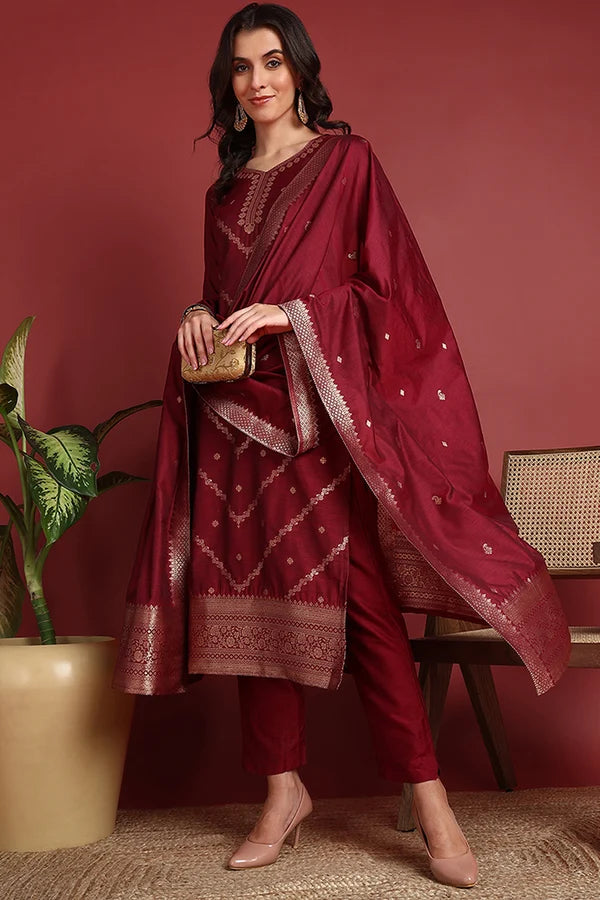 Maroon Silk Blend Ethnic Motifs Woven Design Straight Suit Set