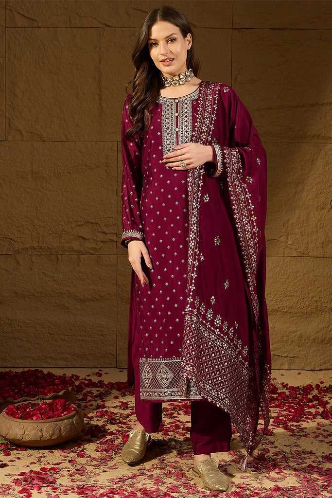 Maroon Silk Blend Embroidered Straight Kurta Trouser With Dupatta