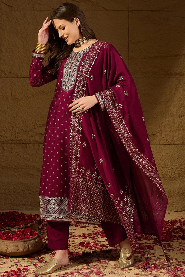 Maroon Silk Blend Embroidered Straight Kurta Trouser With Dupatta