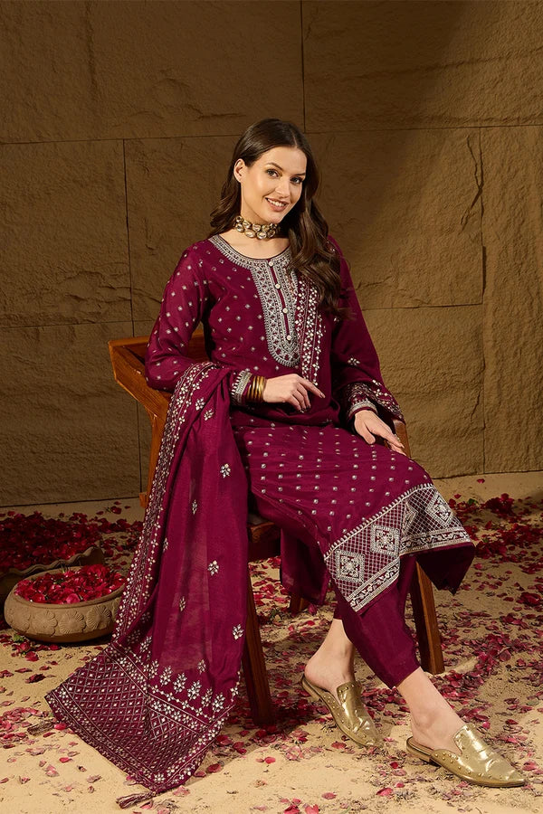 Maroon Silk Blend Embroidered Straight Kurta Trouser With Dupatta