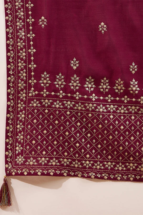 Maroon Silk Blend Embroidered Straight Kurta Trouser With Dupatta