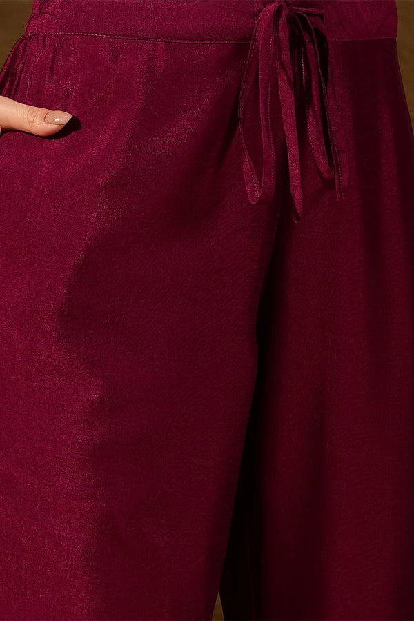 Maroon Silk Blend Embroidered Straight Kurta Trouser With Dupatta