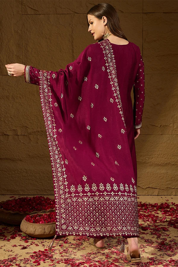 Maroon Silk Blend Embroidered Straight Kurta Trouser With Dupatta