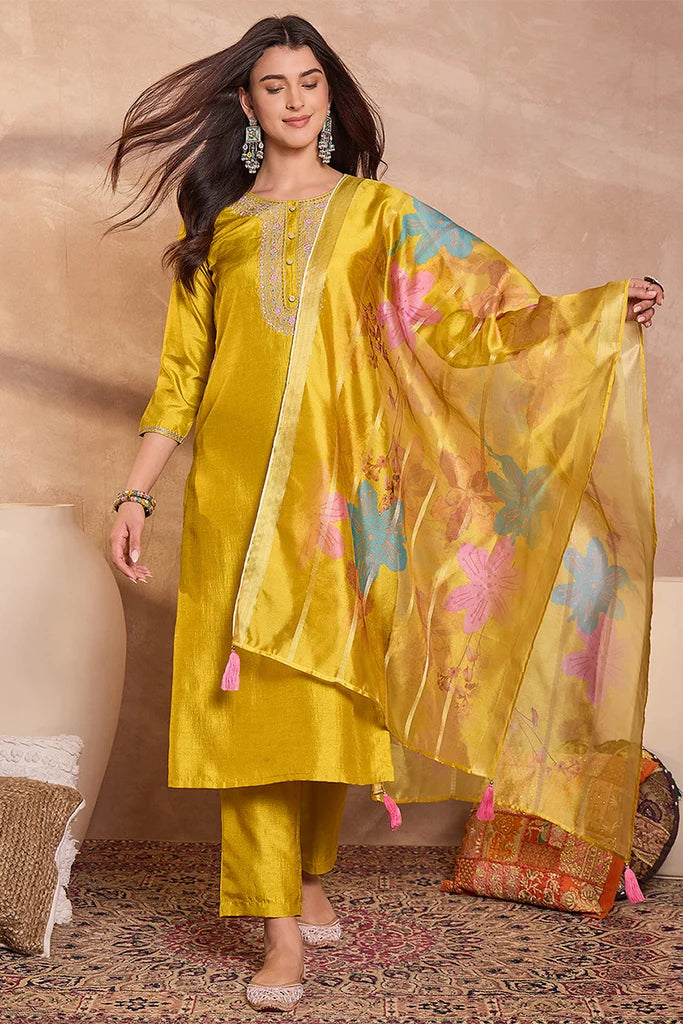 Yellow Silk Blend Solid Embroidered Straight Kurta Trouser With Dupatta
