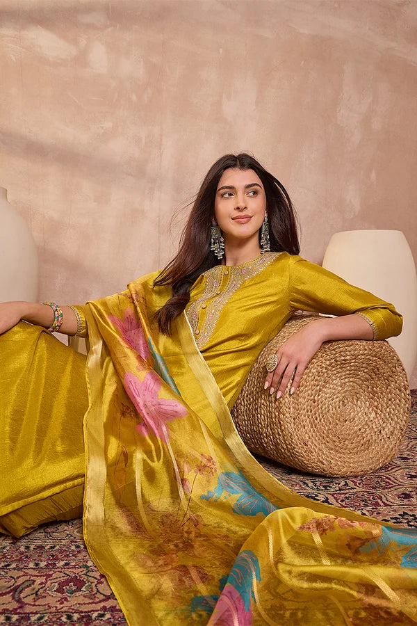 Yellow Silk Blend Solid Embroidered Straight Kurta Trouser With Dupatta