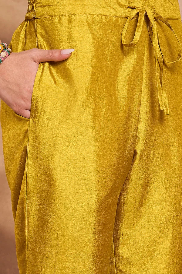 Yellow Silk Blend Solid Embroidered Straight Kurta Trouser With Dupatta