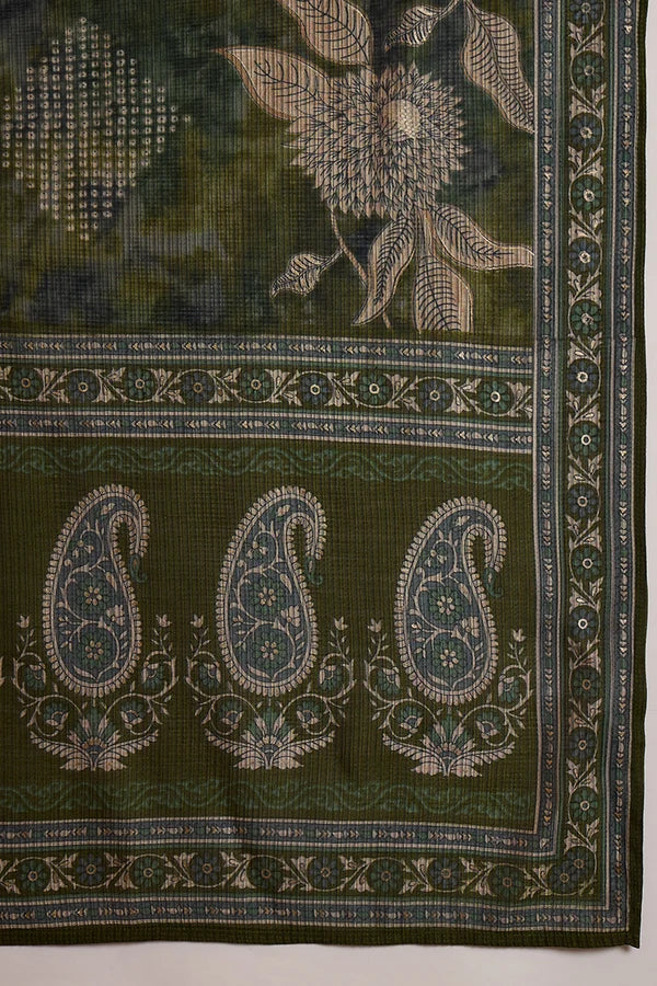 Greens Silk Blend Floral Printed Straight Kurta Trousers With Dupatta