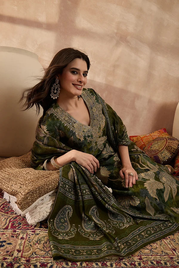 Greens Silk Blend Floral Printed Straight Kurta Trousers With Dupatta
